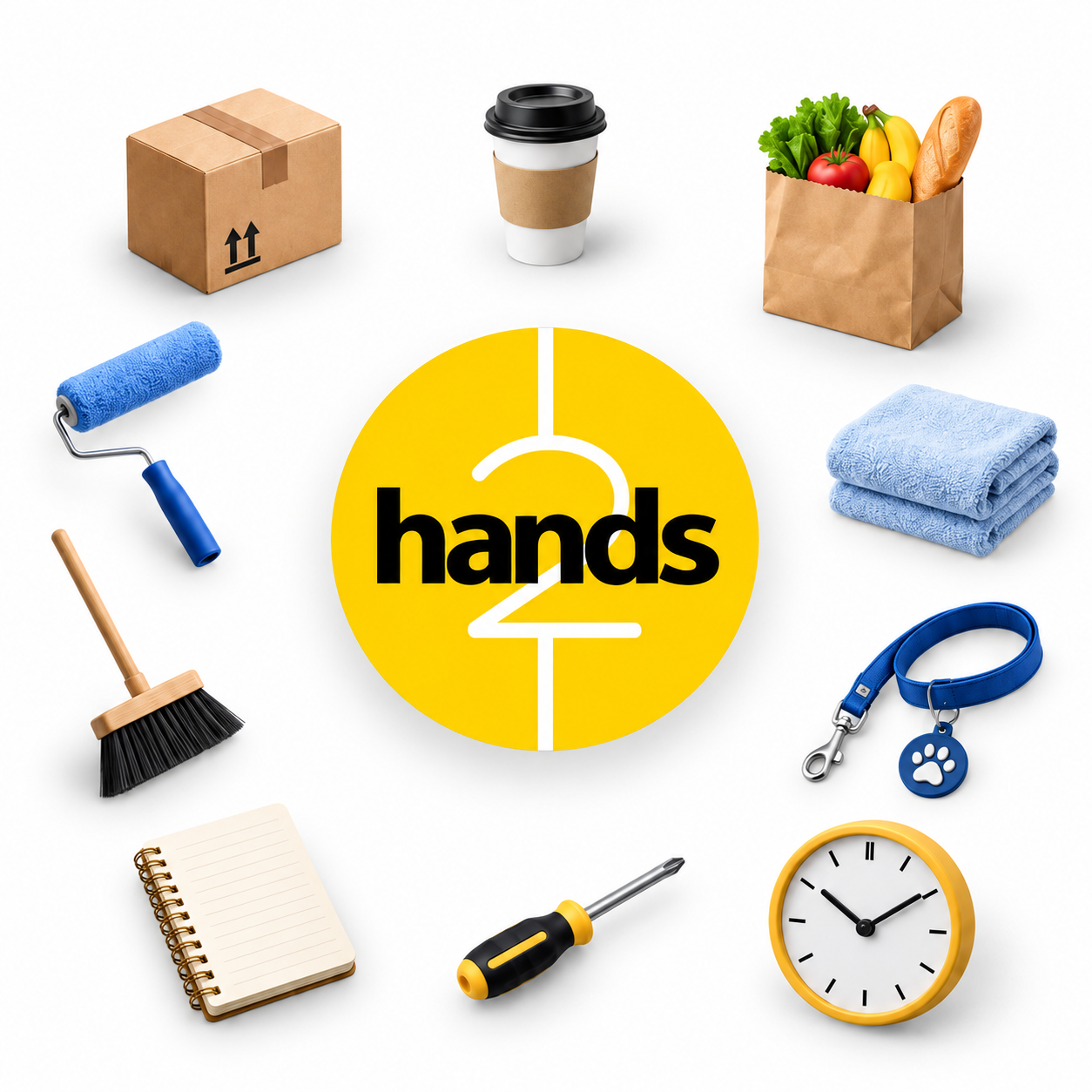 2Hands surrounded by everyday essentials for home, pets, errands and personal projects